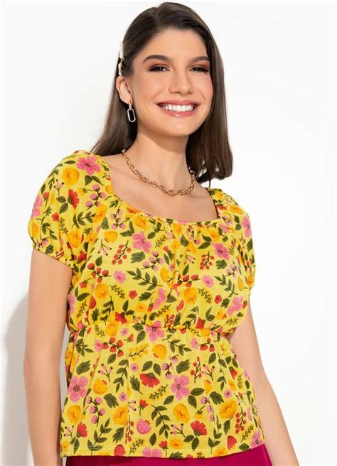 Blusa Floral Amarelo Bufante Moda Evang Lica Rosalie