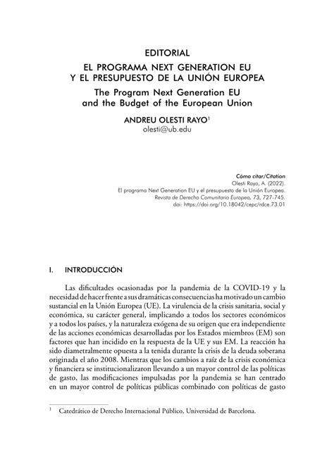 PDF El programa Next Generation EU y el presupuesto de la Unión Europea