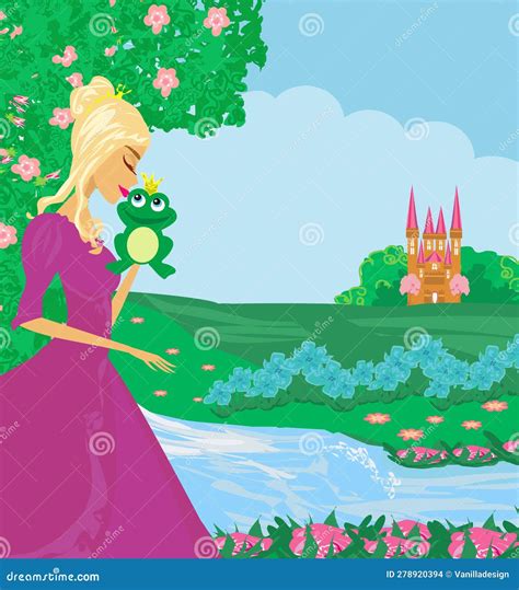 Beautiful Young Princess Kissing A Big Frog Stock Illustration