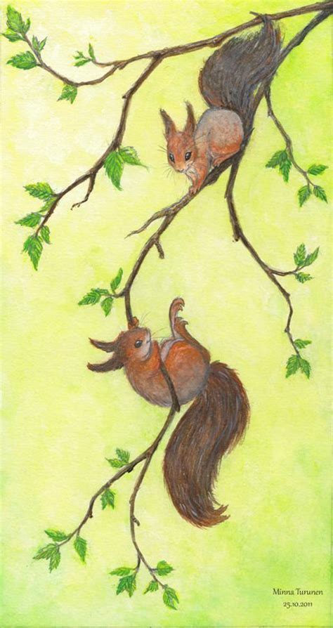 An Acrylic Painting Of Two Squirrels On A Tree Branch