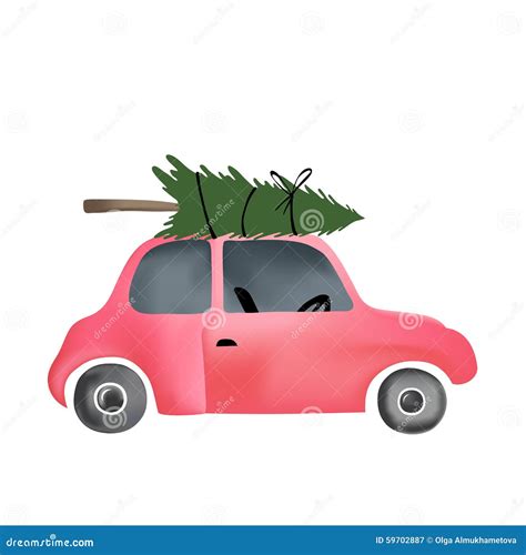 Small Red Vintage Car And Christmas Tree Stock Vector Illustration Of