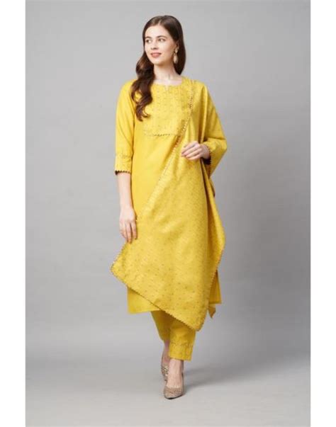 Buy GoSriKi Women S Cotton Blend Yellow Kurta With Trouser Dupatta