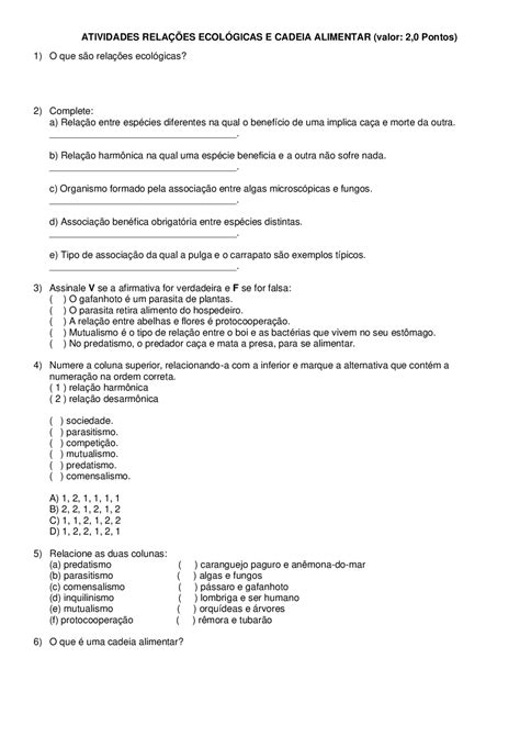 Questões Sobre Relações Ecológicas 7 Ano - Exercícios Sobre Relações Ecológicas 7 Ano - RETOEDU