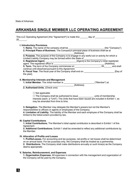 Free Arkansas Single Member LLC Operating Agreement PDF Word