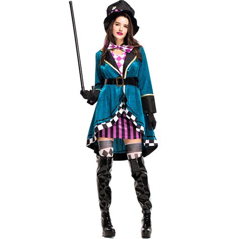 Adult Alice In Wonderland Mad Hatter Costume Women Halloween Witch Dress Sexy Magician Magic