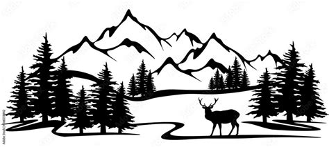 Black Silhouette Of Deer Mountains And Forest Fir Trees Camping