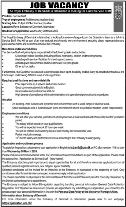 Positions Available At The Royal Embassy Of Denmark 2024 Job Advertisement Pakistan