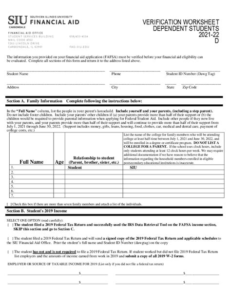 Fillable Online Fao Siu Verification Worksheet Dependent Students