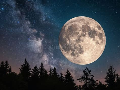 Luna Llena Sobre El Cielo De La Noche Del Bosque Imagen De Archivo