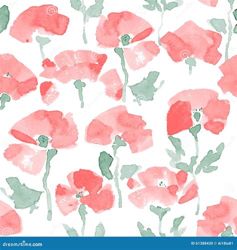 Watercolor Poppy Seamless Pattern Hand Drawn Vector Illustration Stock