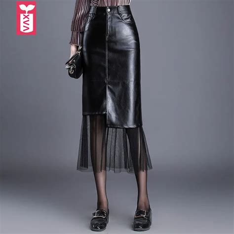 High Quality Ol Faux Genuine Leather Long Skirts Womens High Waist