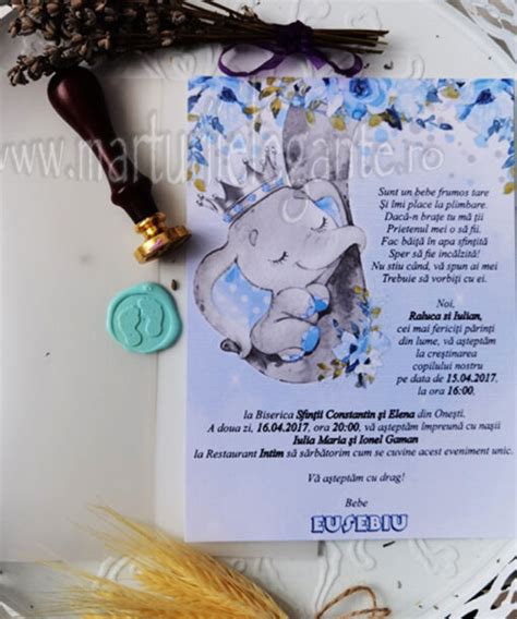 Invitatie De Botez Cu Bebe Print Elefant Si Sigiliu Marturiielegante