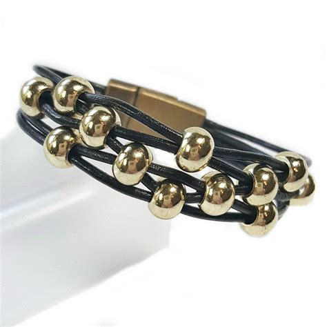 Leather Bracelet Black with Gold Beads - Bold Style