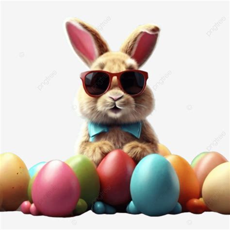 Cute Bunny With Sunglasses And Easter Eggs On Blue Background Ai