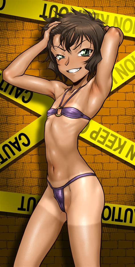Boro Sera Masumi Meitantei Conan Highres Girl Armpits Arms Up Bikini Brown Hair