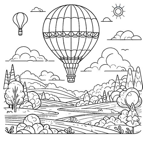 Hot Air Ballons Above Landscape Coloring Page