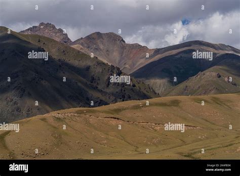 Landscape And Road On The Way To Song Kul Lake Kyrgyzstan Stock Photo