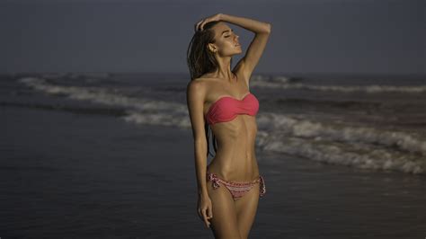 Wallpaper Tanned Sea Bikini Skinny Closed Eyes Depth Of Field