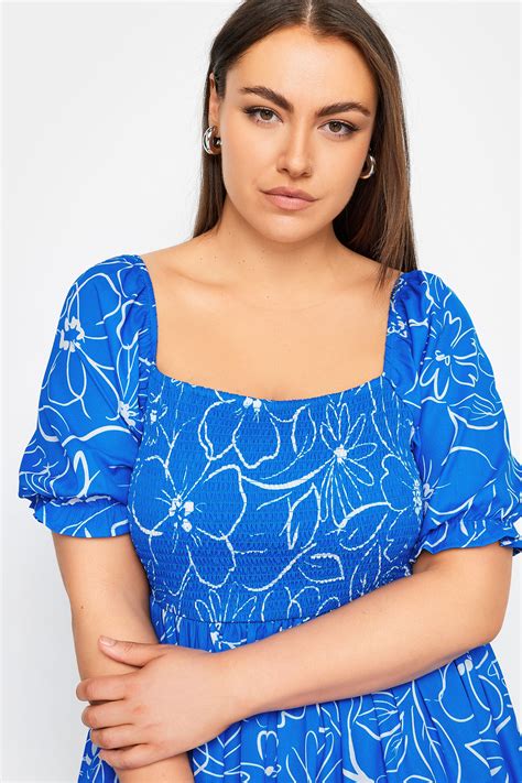 Yours Plus Size Blue Floral Print Shirred Midaxi Dress Yours Clothing