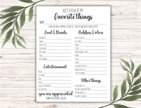 Favorites Survey Printable Questionnaire My Favorite Things Get To