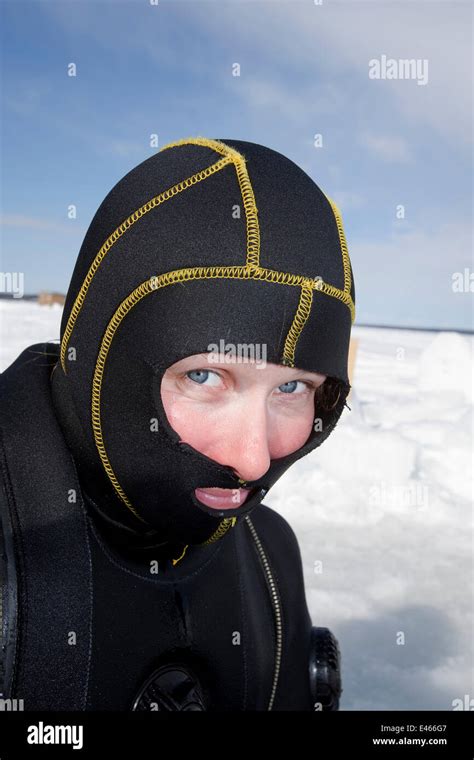 Scuba Diver With Special Head Hood For Cold Water Diving Arctic Stock