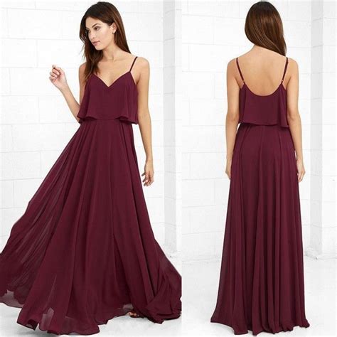 2017 Country Style Bridesmaid Dresses Burgundy Spaghetti Straps A Line Chiffon Beach Maid Of