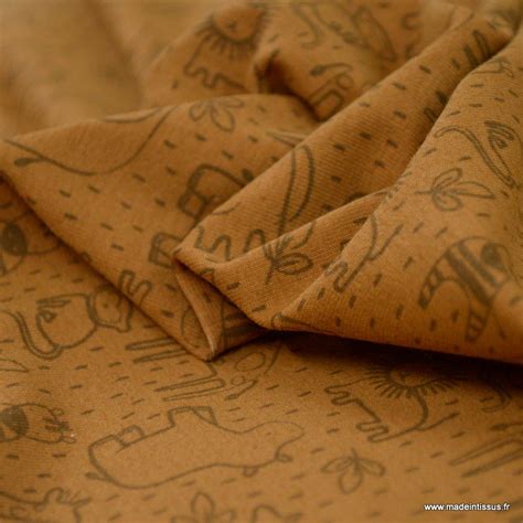 Tissu Jersey Motif Animaux De La Savane Fond Camel Oeko Tex Standard