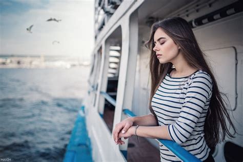 Ship Women Sea Model Closed Eyes Long Hair Brunette Maxim