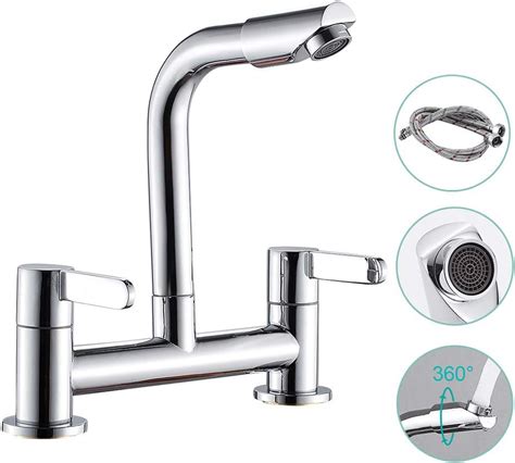 Dual Lever Kitchen Sink Mixer Taps Chrome 1 4 Turn 2 Hole Deck Mounted