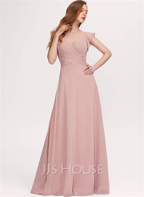 A Line V Neck Floor Length Chiffon Bridesmaid Dress With Ruffle