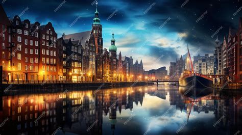 Premium AI Image | Hamburg germany night city skyline at speicherstadt