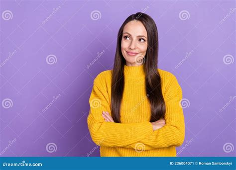 Photo Of Interested Brunette Young Lady Crossed Palms Look Promo Wear