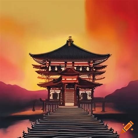 Japanese Temple With Rising Sunset In The Background Painting