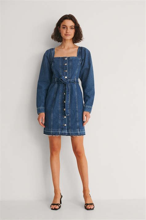 Long Sleeve Belted Denim Dress Blue Na