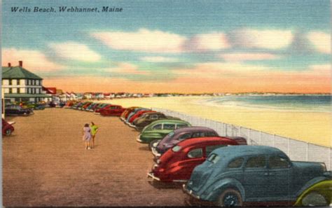 Vtg 1940 Wells Beach Webhannet Maine ME Old Cars 1940s Unused Linen