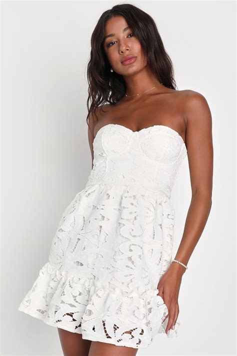 White Crochet Lace Dress Strapless Bustier Dress Mini Dress Lulus