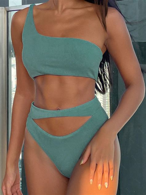 Zaful Ribbed Cutout One Shoulder High Leg Bikini Swimwear In Green