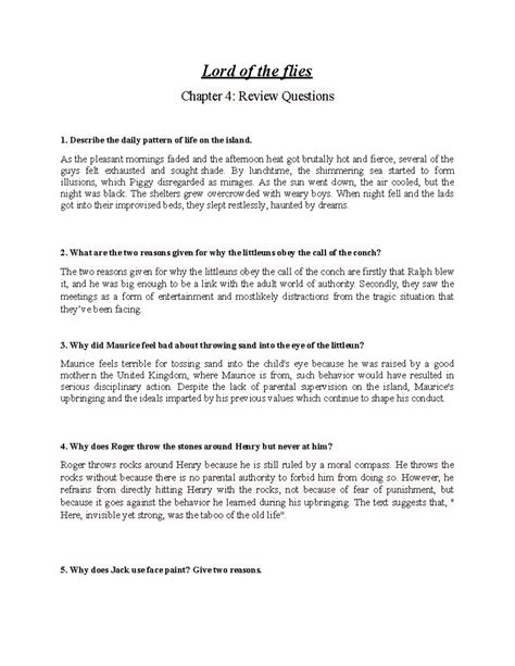 LOTF Chapter 4 Review Questions - Lord of the flies Chapter 4: Review