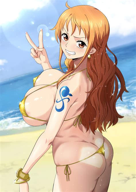 Minpei Ichigo Nami One Piece One Piece 1girl Ass Beach Bikini Blush Breasts Brown