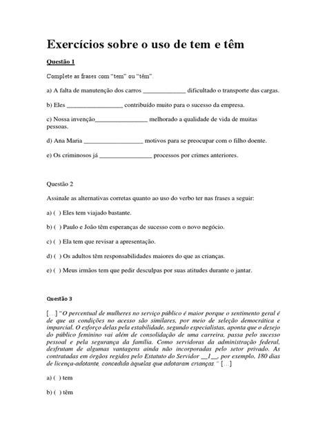 Exercícios Sobre o Uso de Tem e Têm | PDF