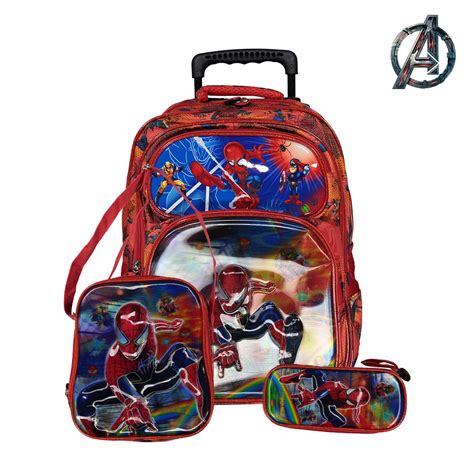 Kit Mochila Escolar Homem Aranha SpiderMan Marvel 3D Rodinha Na