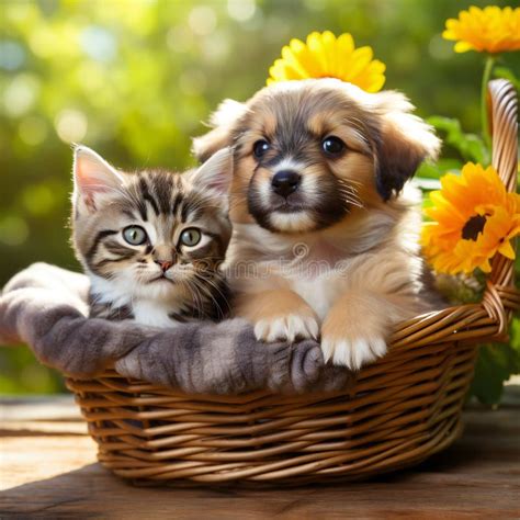 Cute Puppy and Baby Kitten Inside Basket at Summer Park. Stock Illustration - Illustration of ...