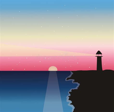 Coucher De Soleil Et Phare Sur Le Rivage Illustration De Vecteur