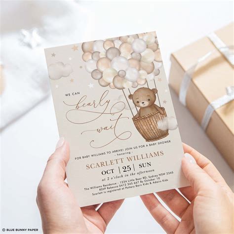 Bear Hot Air Balloon Baby Shower Invitation Gender Neutral We Can Bearly Wait Invite Clouds