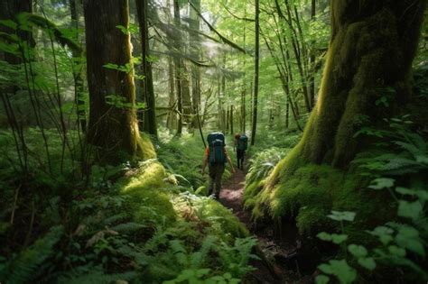 Excursionista Caminando Por Un Frondoso Bosque Con Mochila Visible