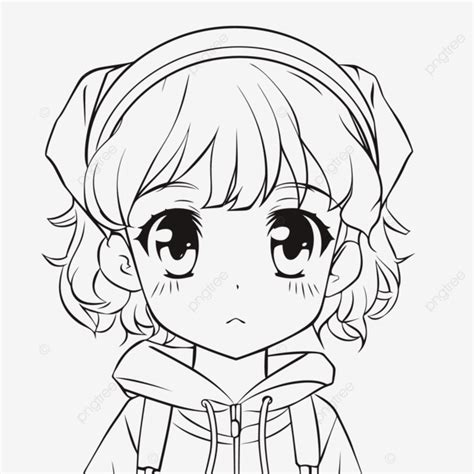 Dibujo De Una Chica Anime Con Sudadera Capucha Para Colorear Esquema Página Vector Png Dibujos