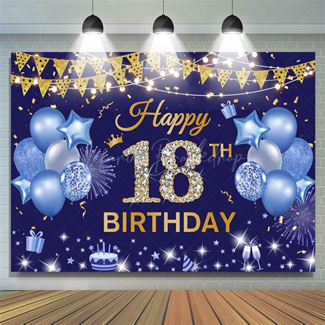 Navy Blue Gold Flag Balloon 18th Birthday Backdrop Lofaris