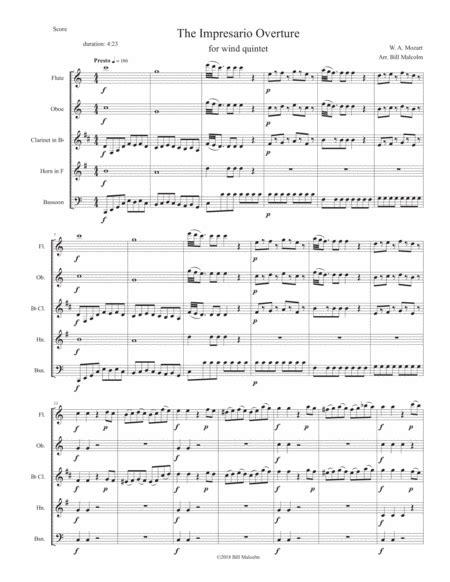 Impresario Overture For Wind Quintet Arr Bill Malcolm By Wa Mozart Sheet Music For Woodwind