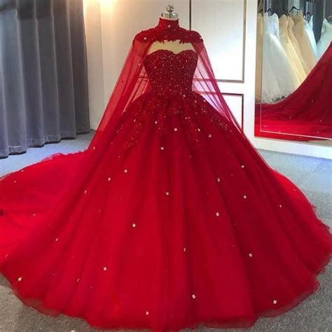 Beaded Red Ball Gown Dress With High Neck Cape Wrap Lunss