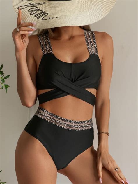 Shein Swim Chicsea Conjunto De Bikini De Leopardo Sujetador Sin Aros De